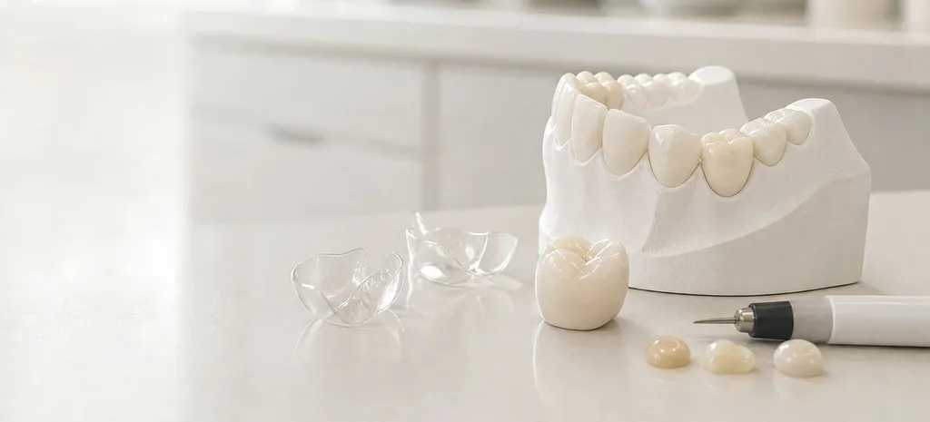 Tooth model with tooth-coloured composite restorations, clear Bioclear matrices and a dental instrument
