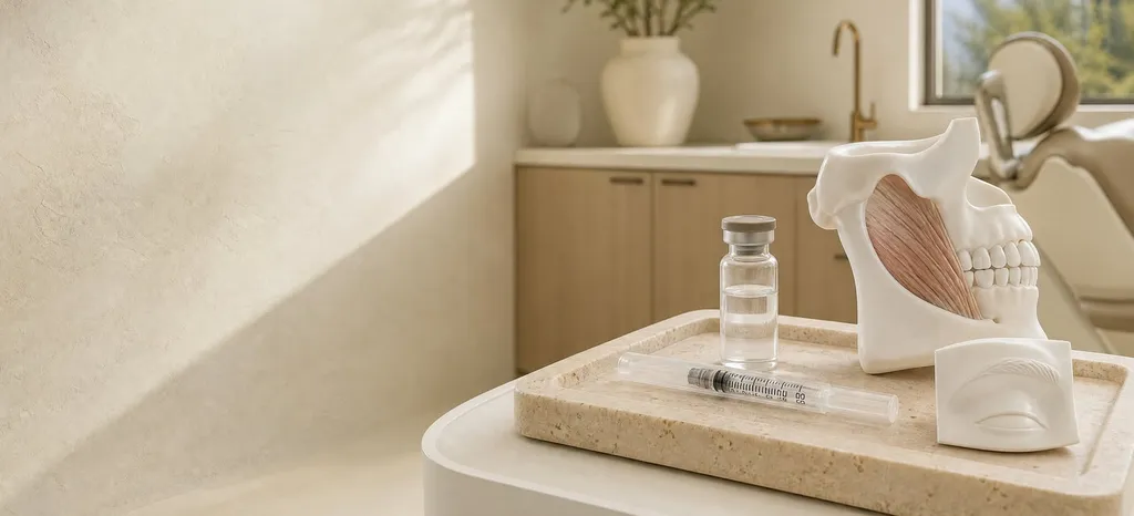 Jaw muscle anatomy model with a vial and syringe used for Jeuveau injections