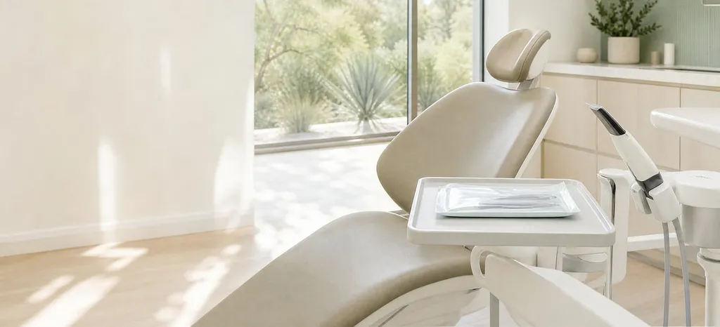 Dental chair and instrument tray in a bright treatment room