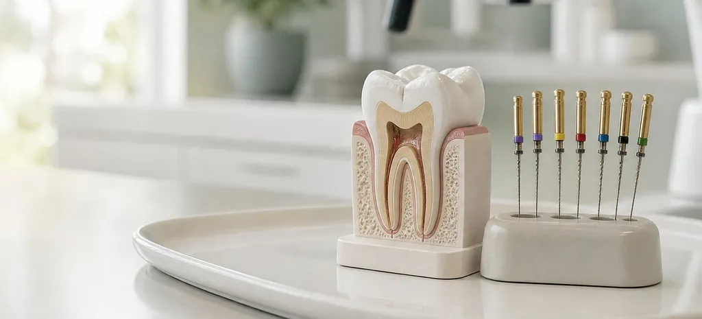 Cross-section model of a tooth showing its root canals, beside a set of root canal files