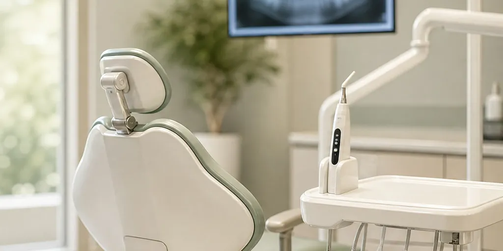 Dental chair beside a window, with an X-ray displayed on a screen behind