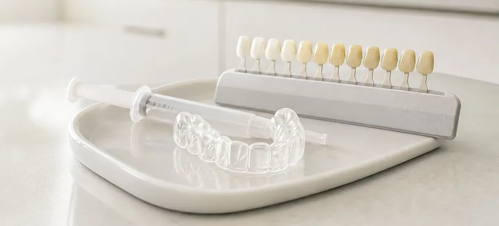 Custom whitening tray, whitening gel syringe and a tooth shade guide
